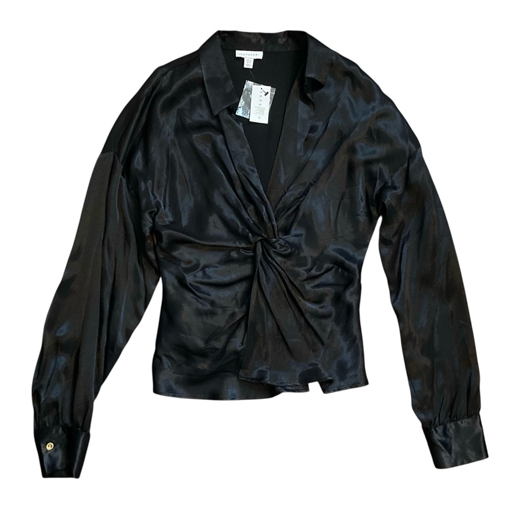 Topshop Satin Long Sleeve Collared Blouse Women’s 12 Black NWT
